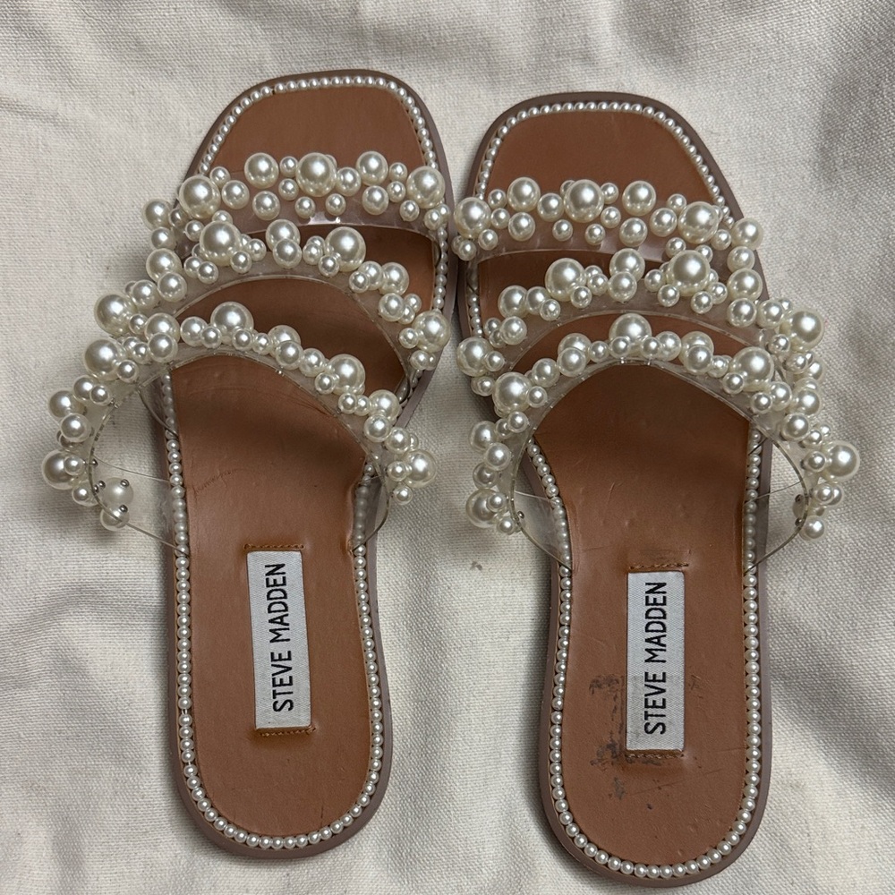 Steve Madden Pearl-Embellished Cream and Tan Slide Sandals